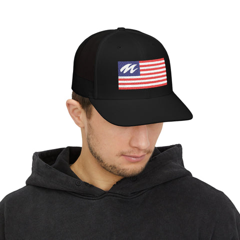 Marine Mechanic American Flag Trucker Hat – Embroidered Patriotic Snapback Cap