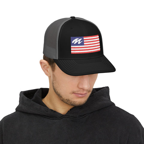 Marine Mechanic American Flag Trucker Hat – Embroidered Patriotic Snapback Cap