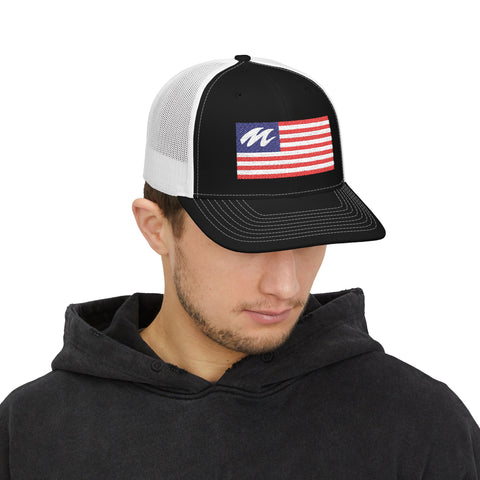 Marine Mechanic American Flag Trucker Hat – Embroidered Patriotic Snapback Cap