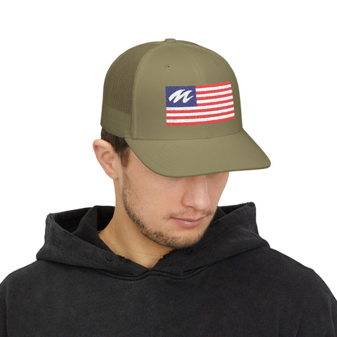 Marine Mechanic American Flag Trucker Hat – Embroidered Patriotic Snapback Cap