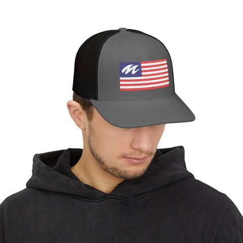 Marine Mechanic American Flag Trucker Hat – Embroidered Patriotic Snapback Cap